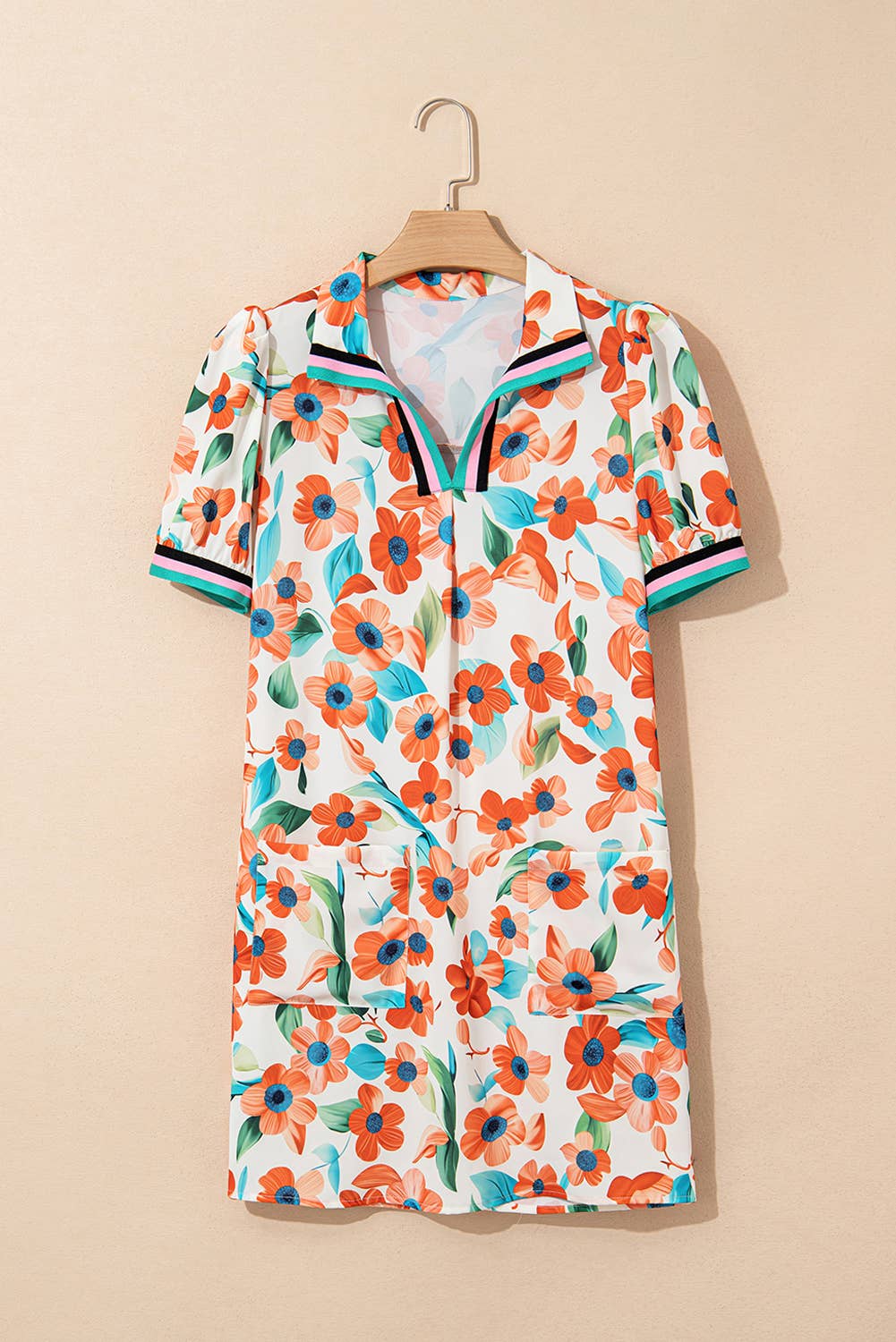 LDC Contrast Trim Floral Split Neck Puff Mini Dress