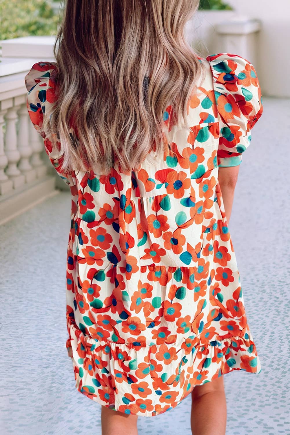 LDC Contrast Trim Floral Split Neck Puff Mini Dress