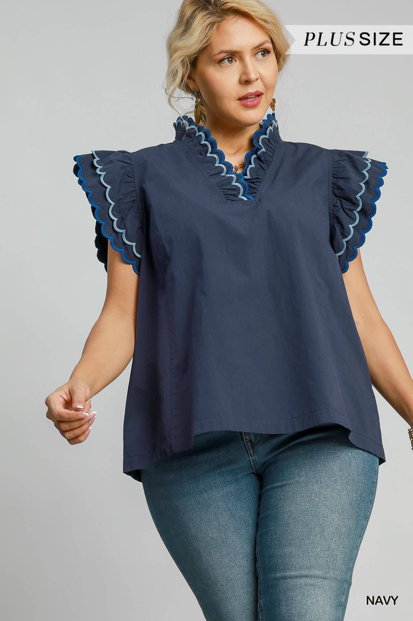 Plus Scalloped Neckline And Sleeved Top