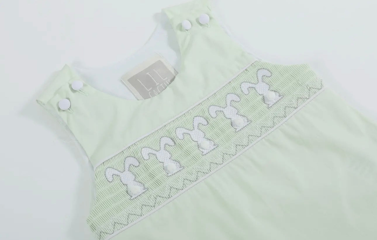 Honeydew Green Bunny Smocked Shortall