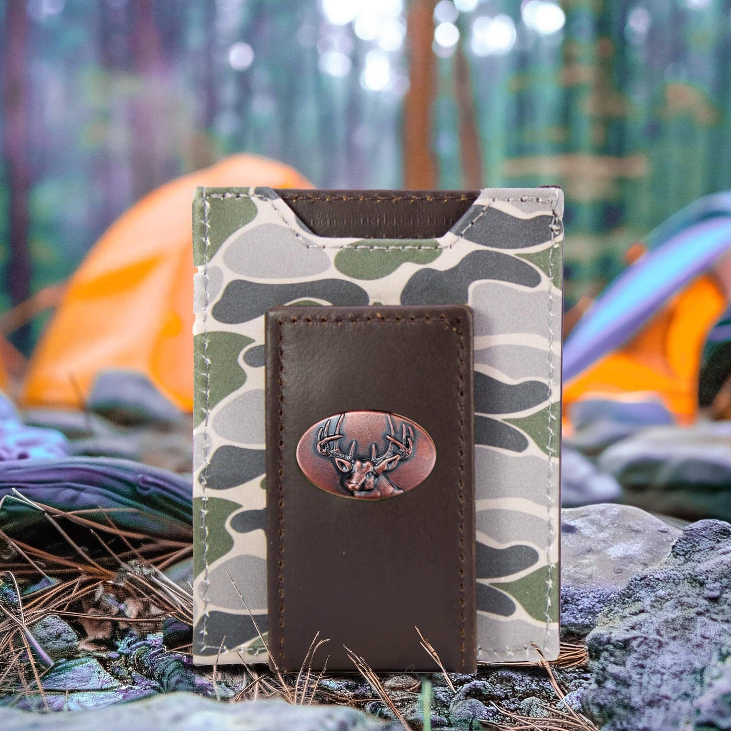 Buck Men's Magnetic Front Pocket Old School Camo Leather Wallet.