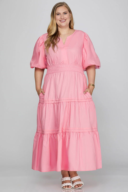 Plus Size Poplin Woven Tiered Midi Dress