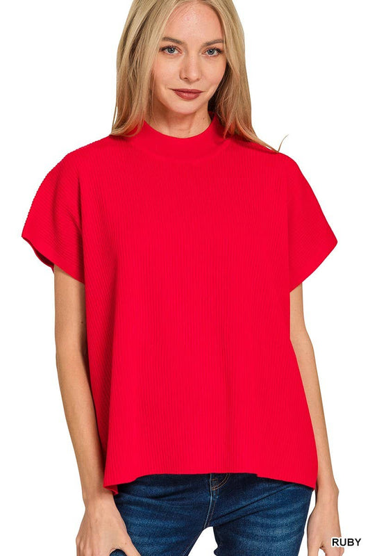 Viscose Mock Neck Short Sleeve Boxy Sweater