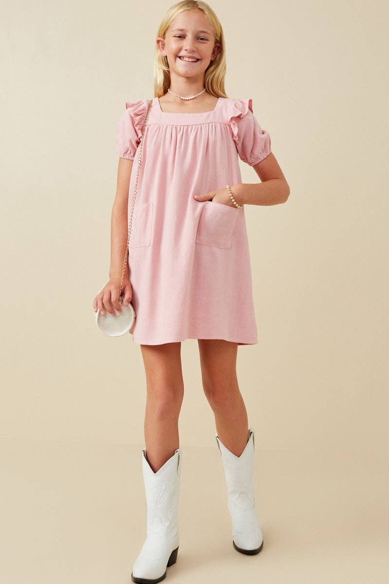 Girls Patch Pocket Square Neck Ruffled Dress
