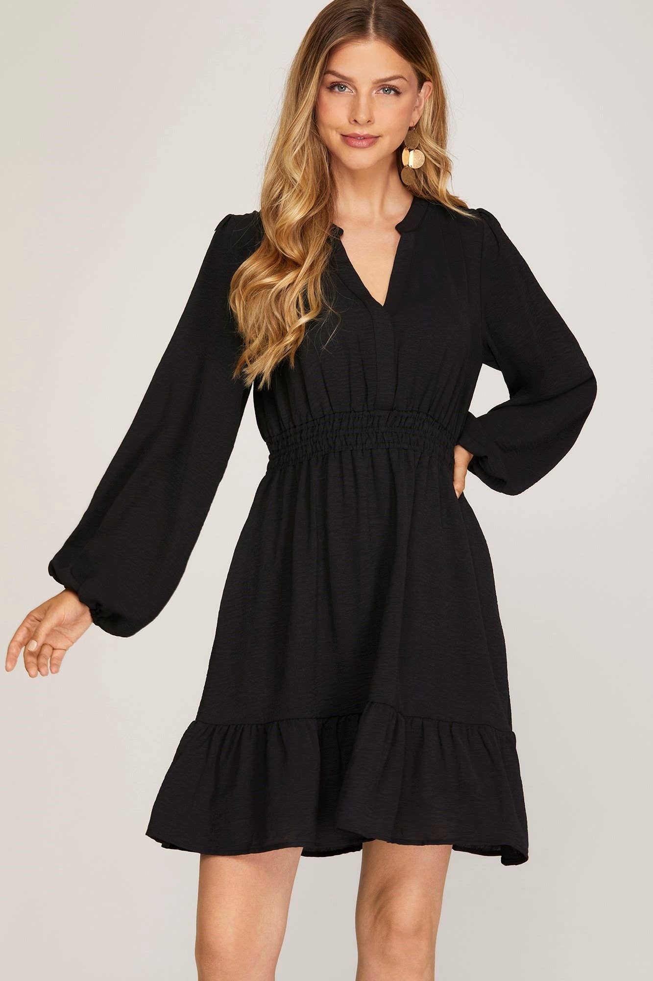 Long Sleeve Elastic Waist Woven Dress