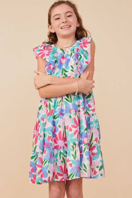 Girls Textured Floral Ruffle Sleeved Dress