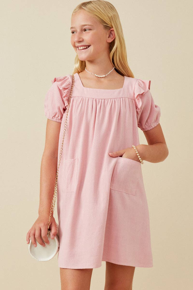 Girls Patch Pocket Square Neck Ruffled Dress