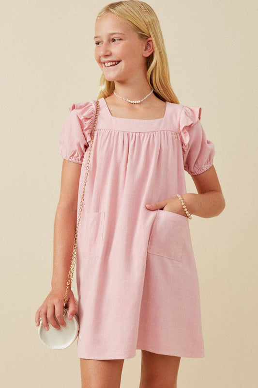 Girls Patch Pocket Square Neck Ruffled Dress