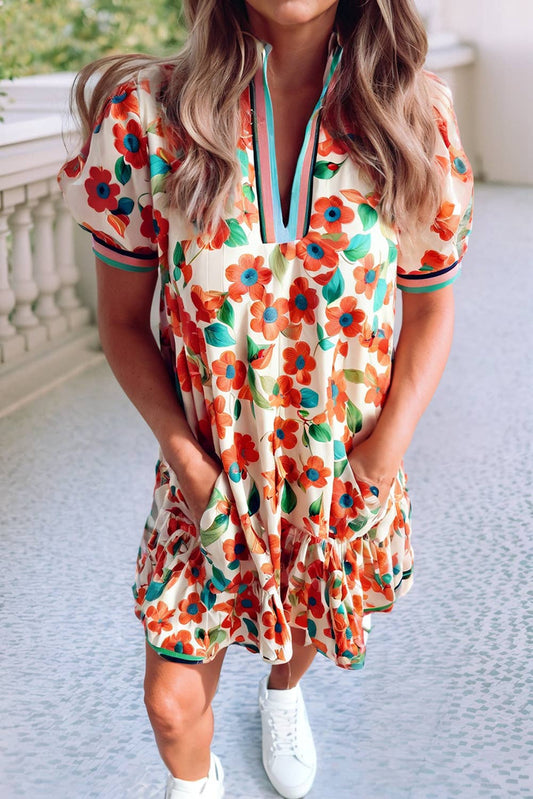 LDC Contrast Trim Floral Split Neck Puff Mini Dress