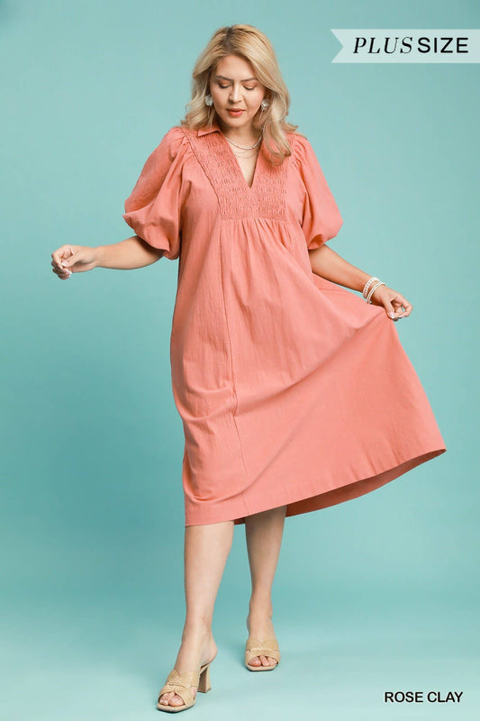 Plus Smocked Front Yoke Midi Dress