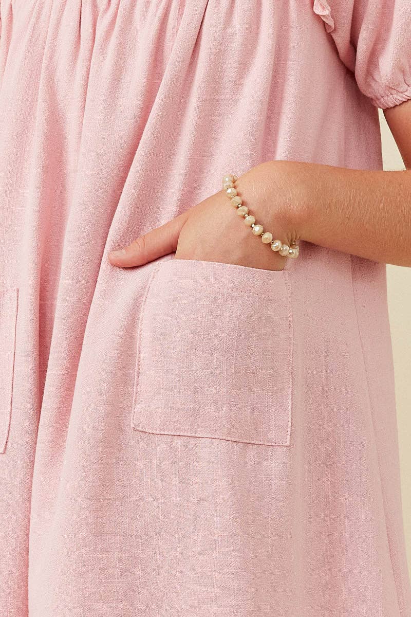 Girls Patch Pocket Square Neck Ruffled Dress