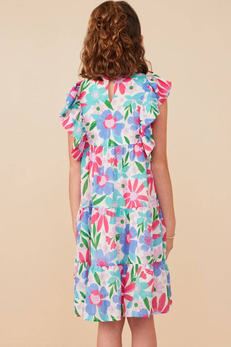 Girls Textured Floral Ruffle Sleeved Dress