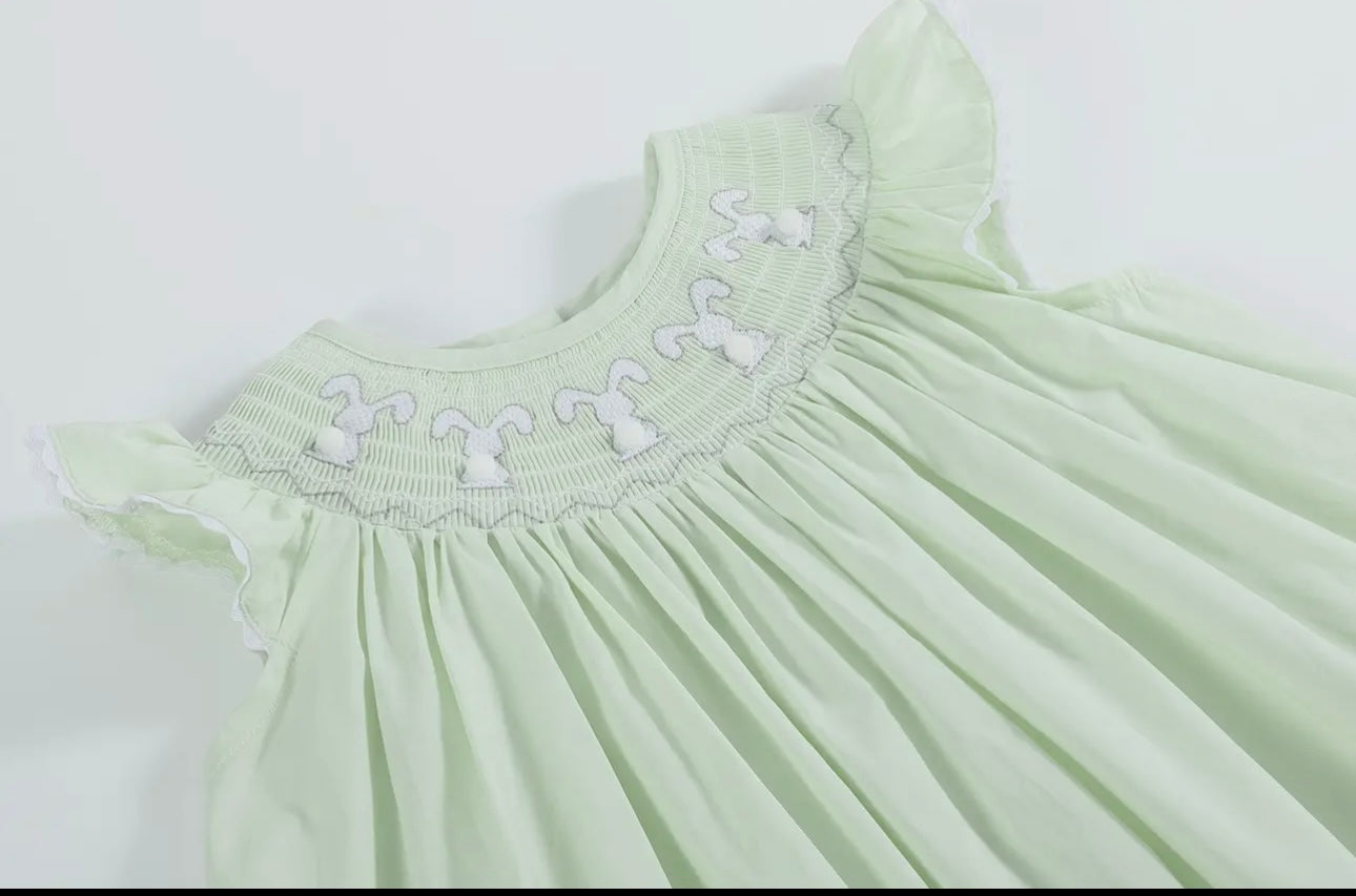 Honeydew Green Bunny Smocked Bishop