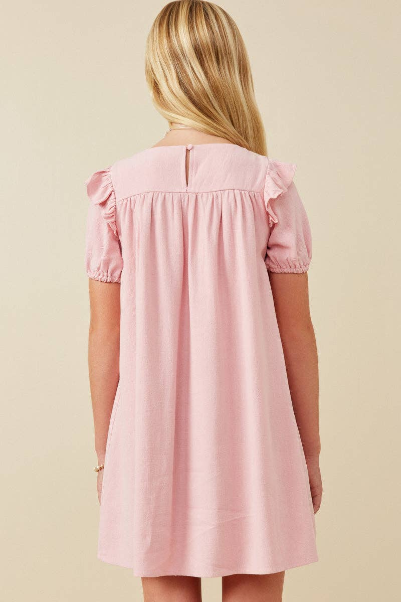 Girls Patch Pocket Square Neck Ruffled Dress