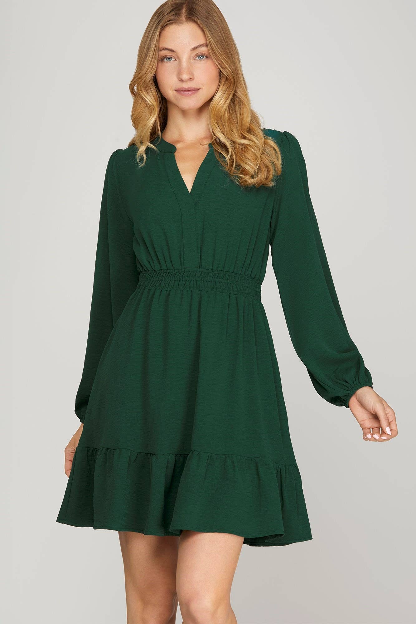 Long Sleeve Elastic Waist Woven Dress