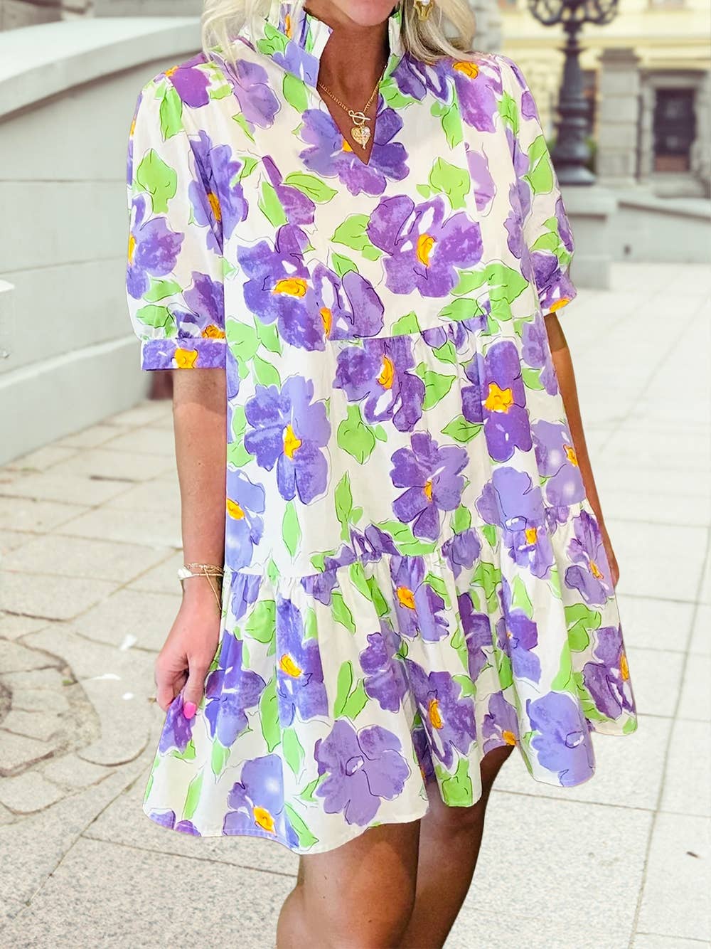 Frilled V Collar Short Sleeve Flower Dress