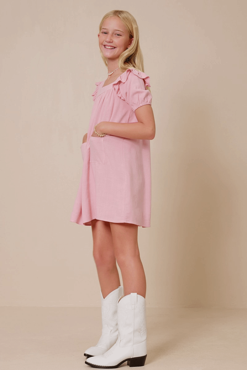 Girls Patch Pocket Square Neck Ruffled Dress